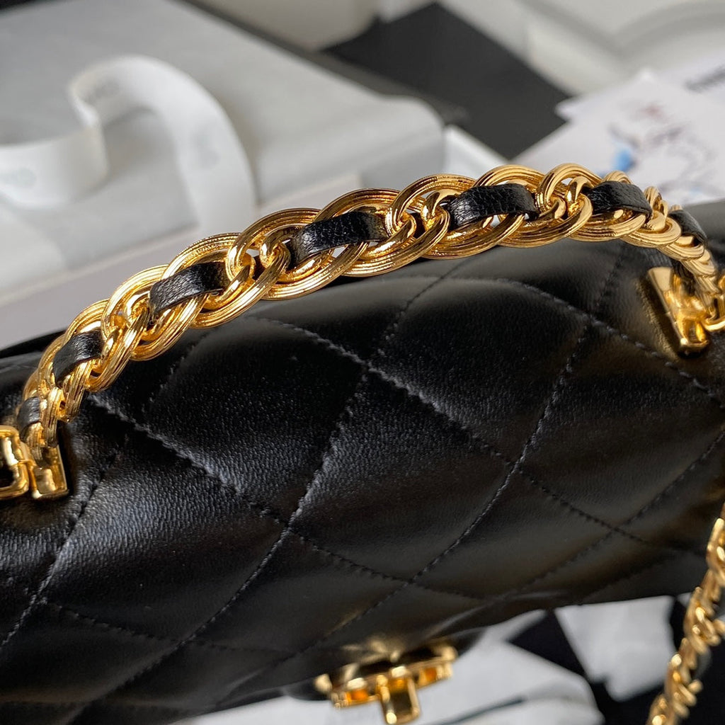 Chanel Flap Bag Gold Top Handle Black