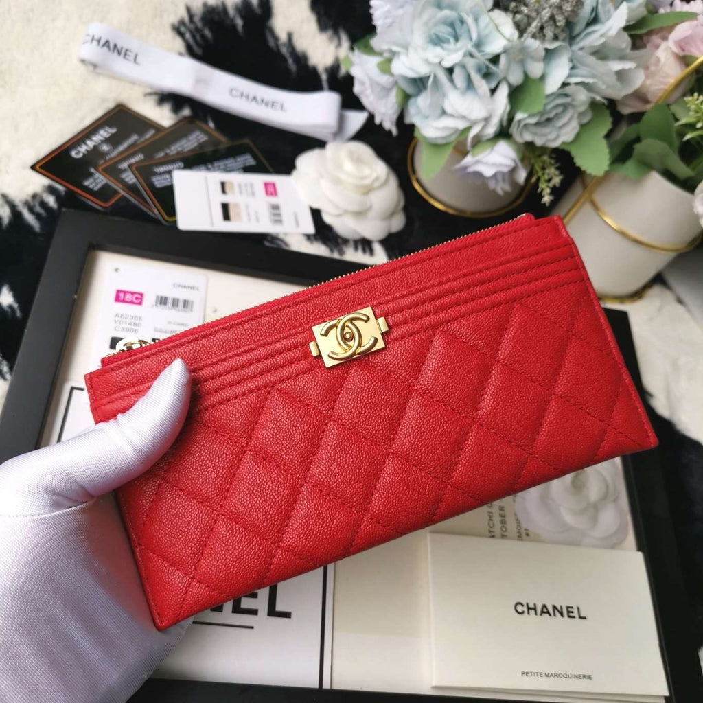 Chanel Caviar Quilted Zip Boy Pouch - Red