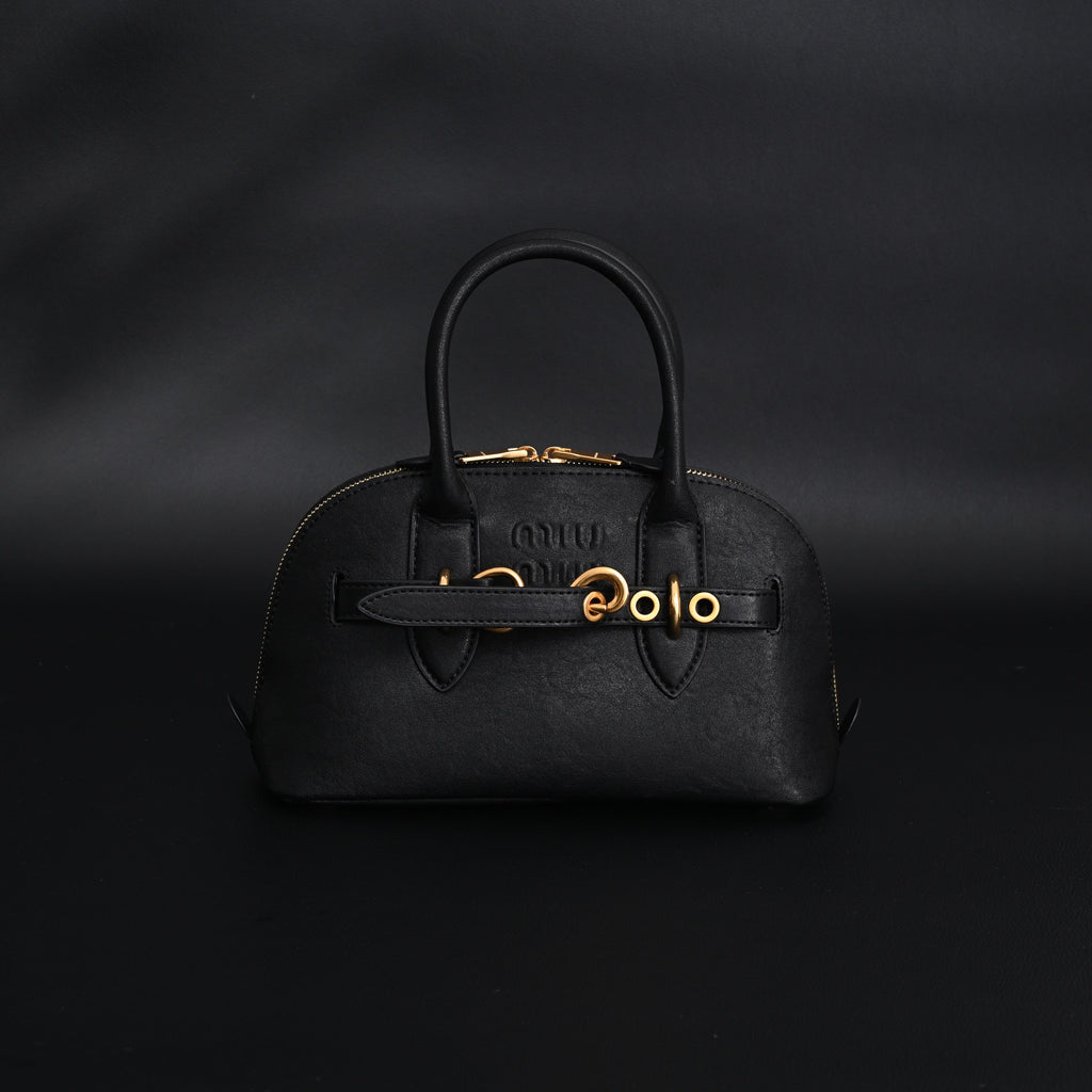 Miu Miu Black Leather Satchel Bag – Medium Structured Tote - Black with Gold-Tone Accents