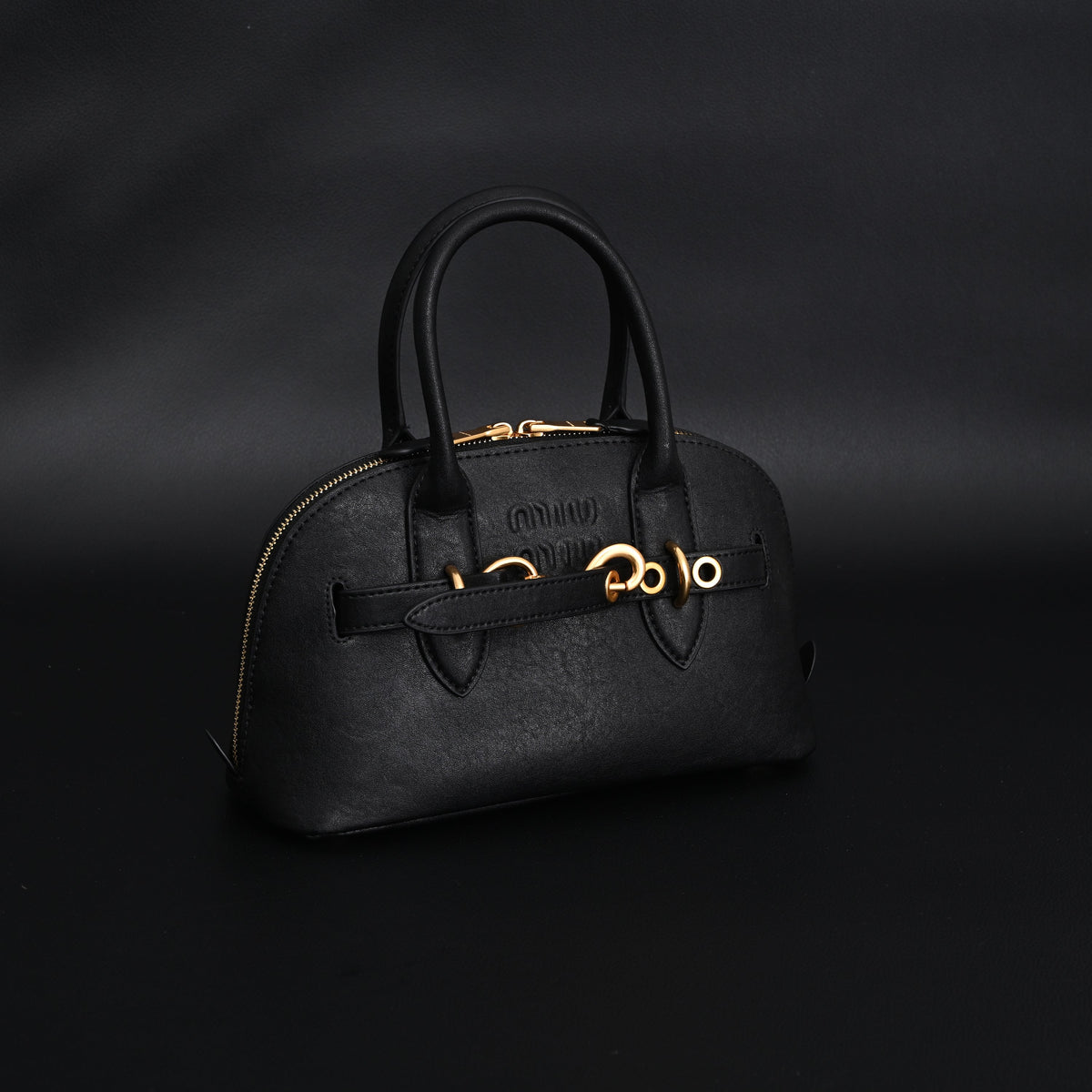 Miu Miu Black Leather Satchel Bag – Medium Structured Tote - Black with Gold-Tone Accents