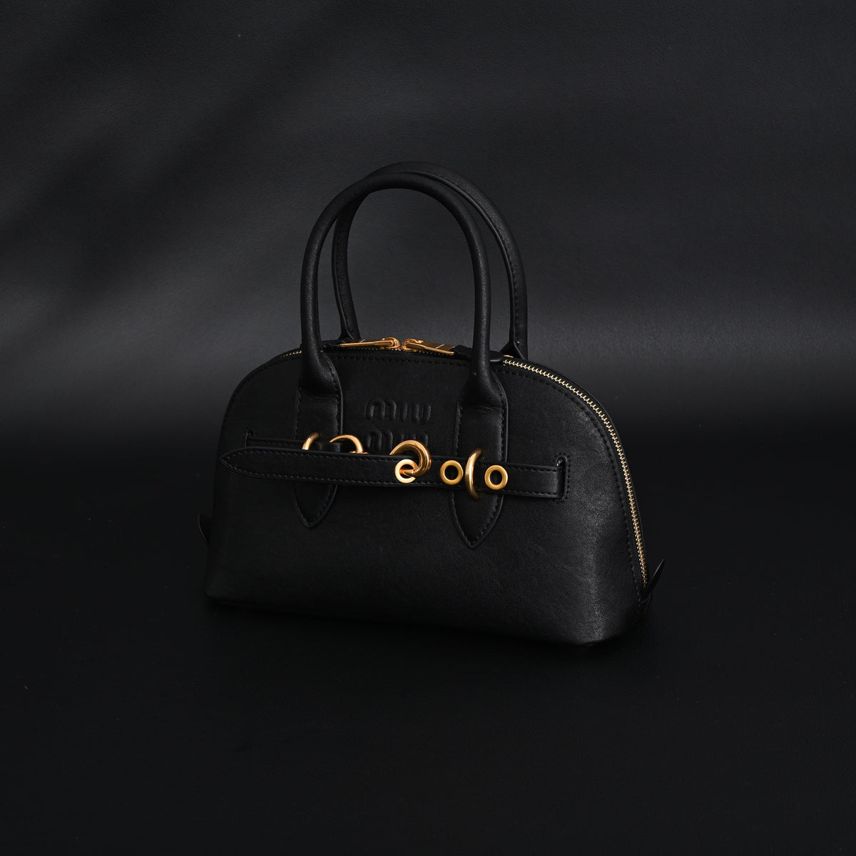 Miu Miu Black Leather Satchel Bag – Medium Structured Tote - Black with Gold-Tone Accents