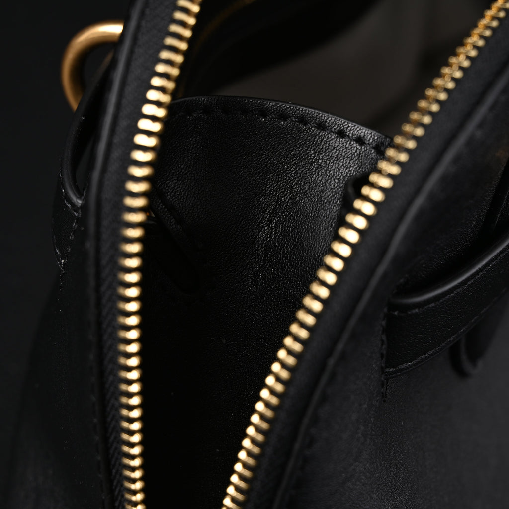 Miu Miu Black Leather Satchel Bag – Medium Structured Tote - Black with Gold-Tone Accents