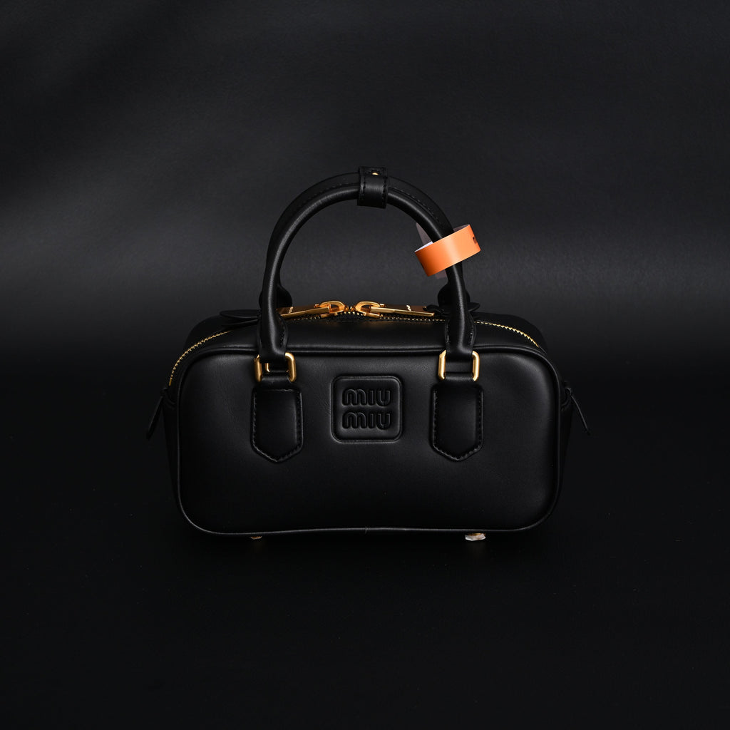 Miu Miu Black Matelassé Leather Satchel Bag – Mini Top Handle - Black with Gold-Tone Accents