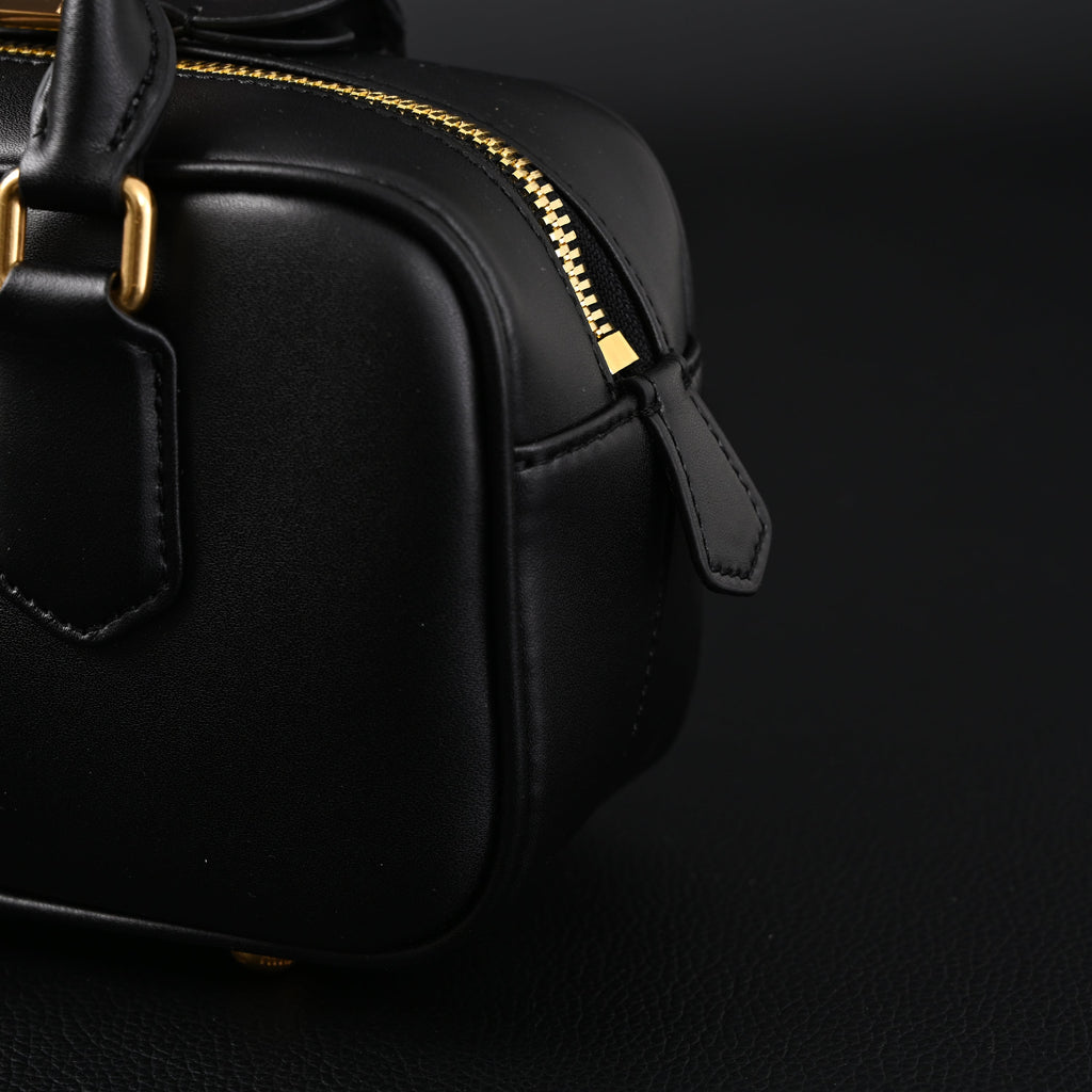 Miu Miu Black Matelassé Leather Satchel Bag – Mini Top Handle - Black with Gold-Tone Accents