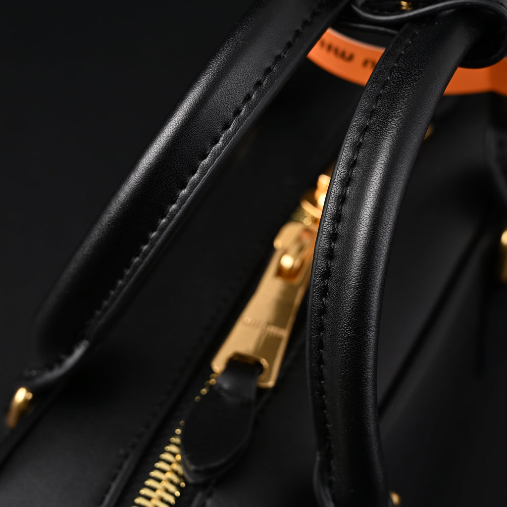 Miu Miu Black Matelassé Leather Satchel Bag – Mini Top Handle - Black with Gold-Tone Accents