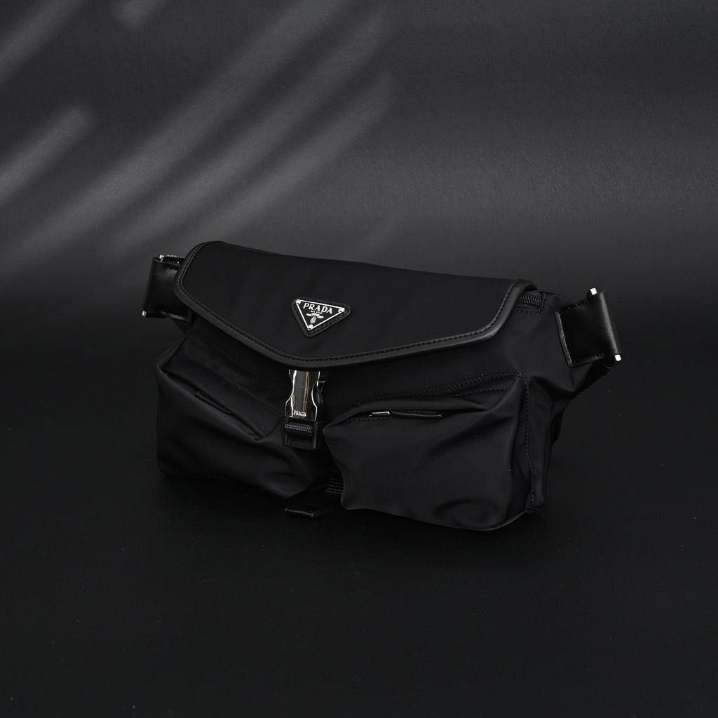 Prada Nylon Black Belt Bag with Silver Logo - Black with Silver-Tone Hardware