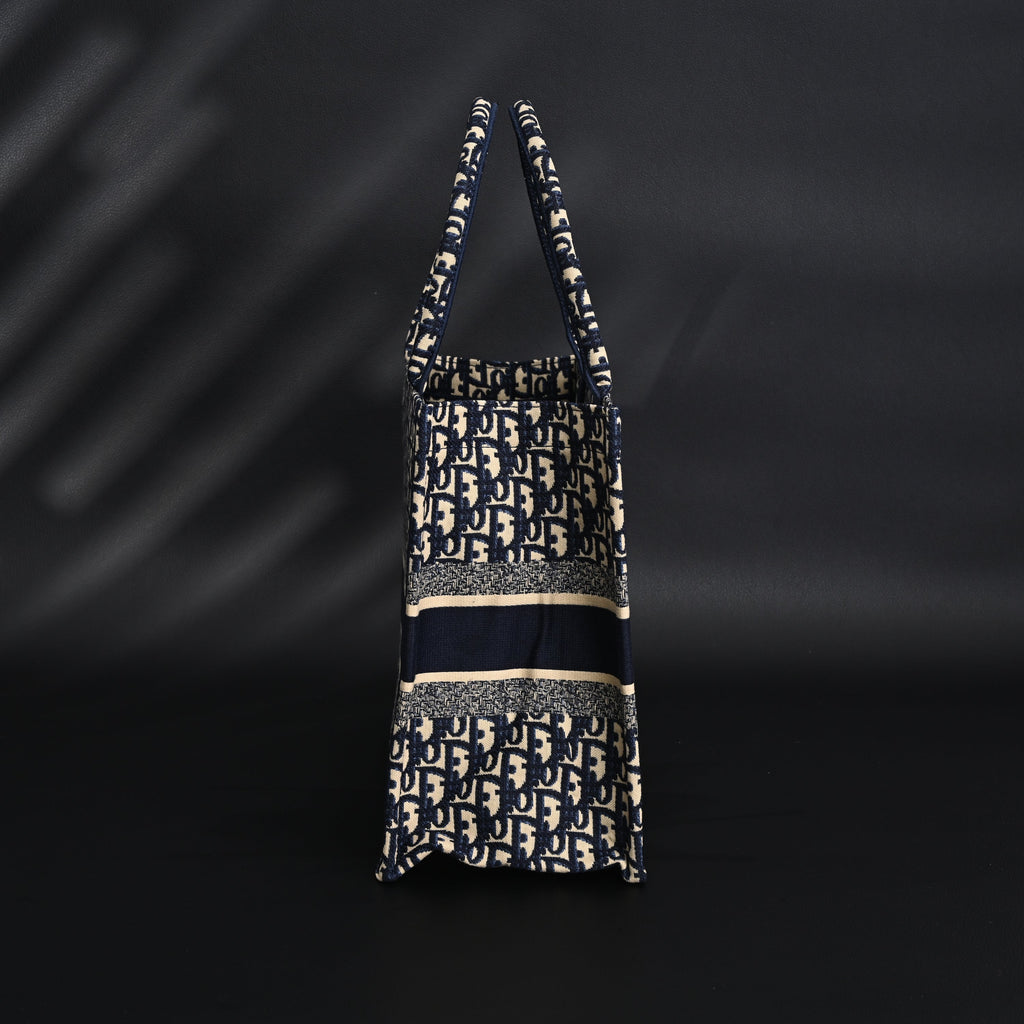 Christian Dior Large Book Tote – Blue Oblique Embroidery - Blue with Beige Contrast