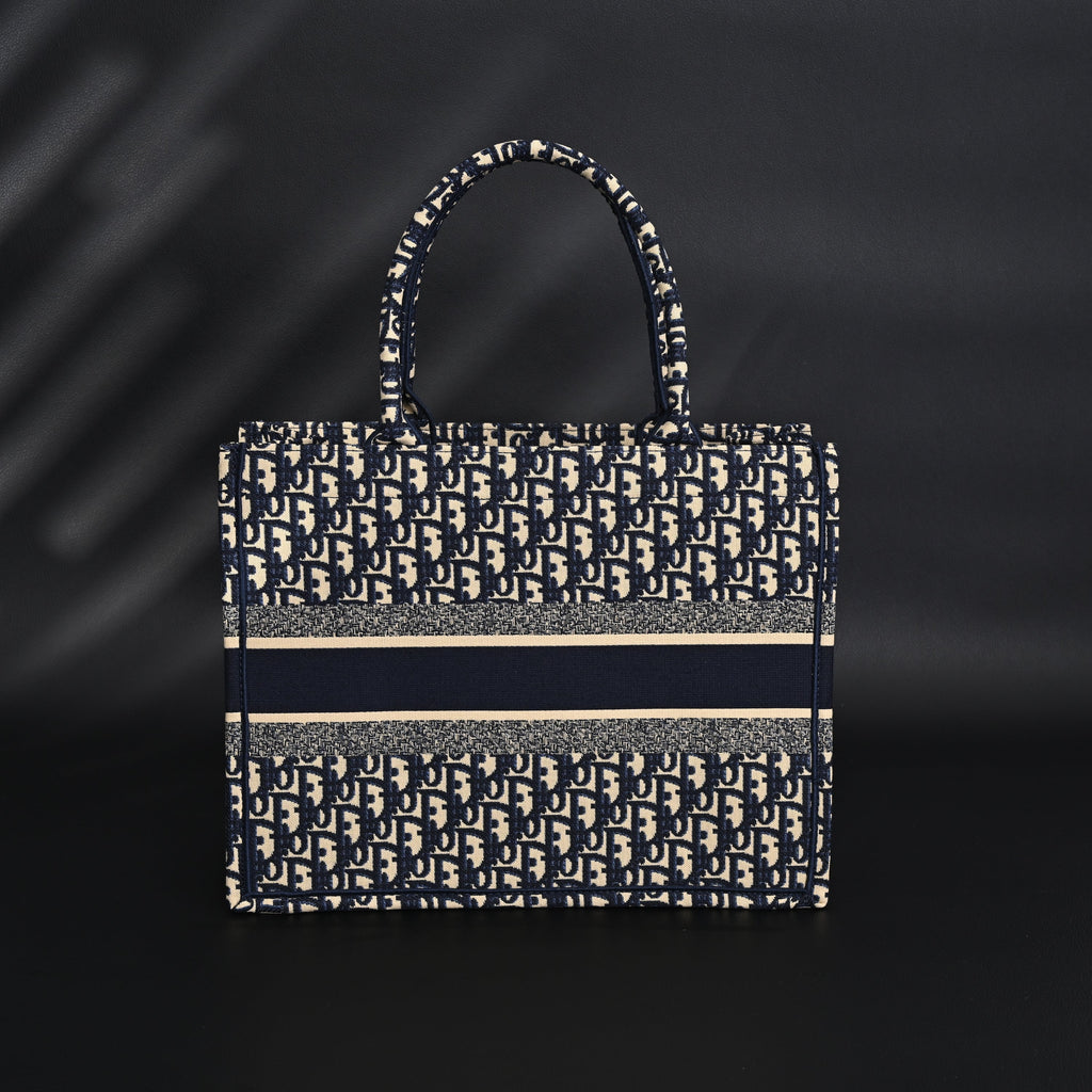 Christian Dior Large Book Tote – Blue Oblique Embroidery - Blue with Beige Contrast