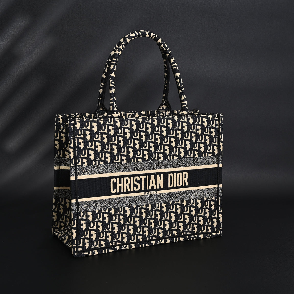 Christian Dior Medium Book Tote – Black Oblique Embroidery - Black with Beige Contrast