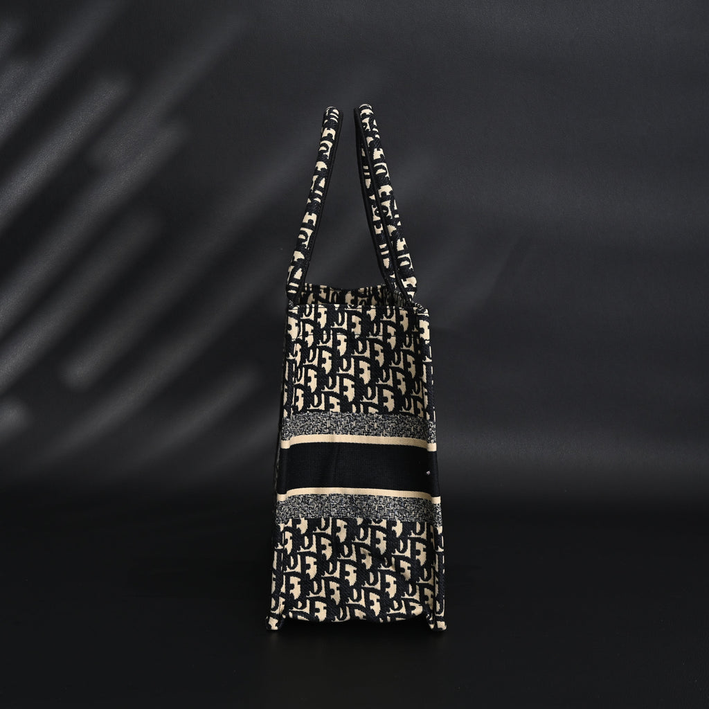 Christian Dior Medium Book Tote – Black Oblique Embroidery - Black with Beige Contrast