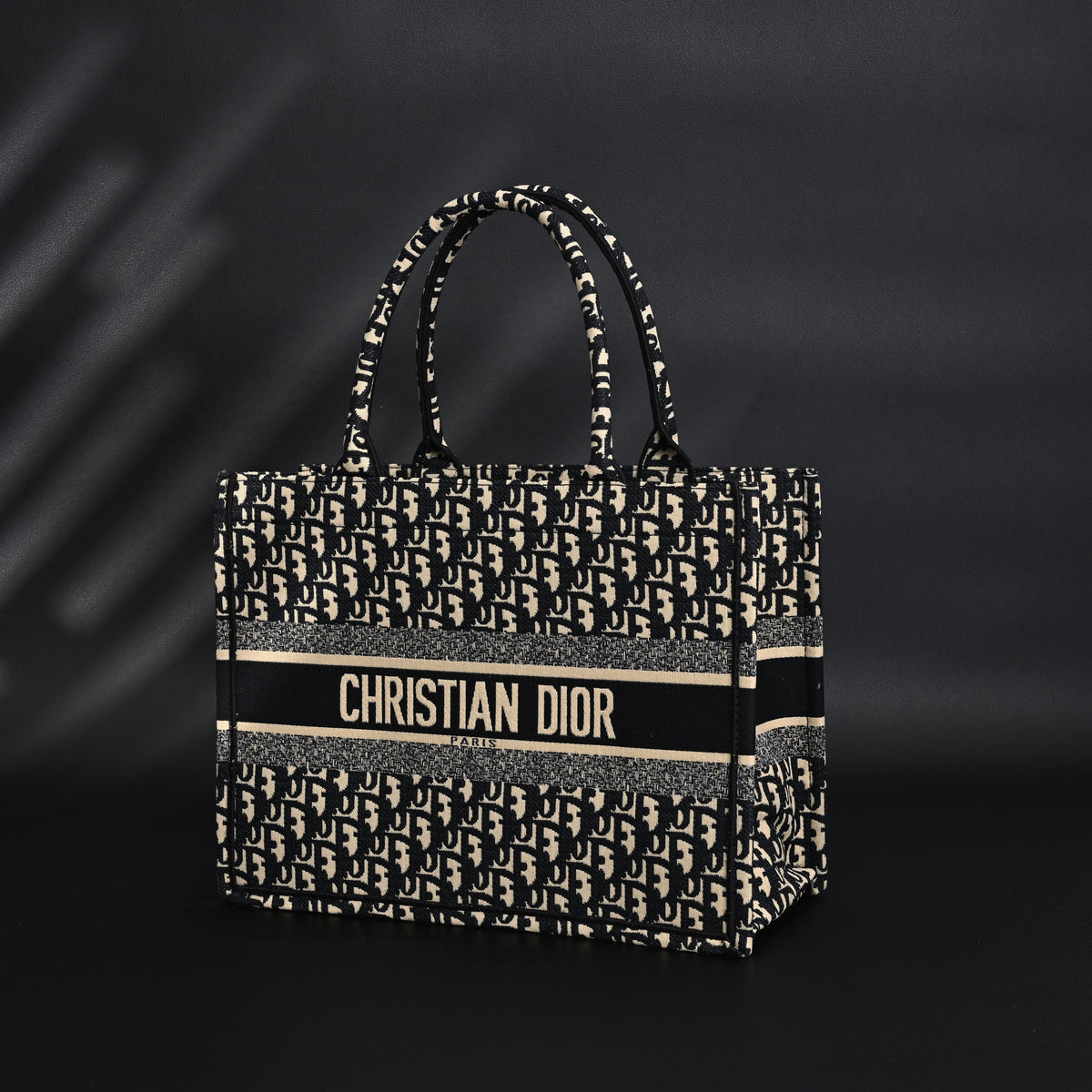 Christian Dior Medium Book Tote – Black Oblique Embroidery - Black with Beige Contrast