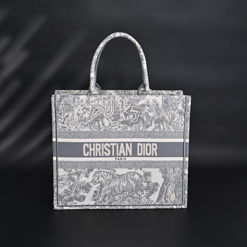 Christian Dior Large Book Tote – Toile De Jouy Embroidery - Classic Grey