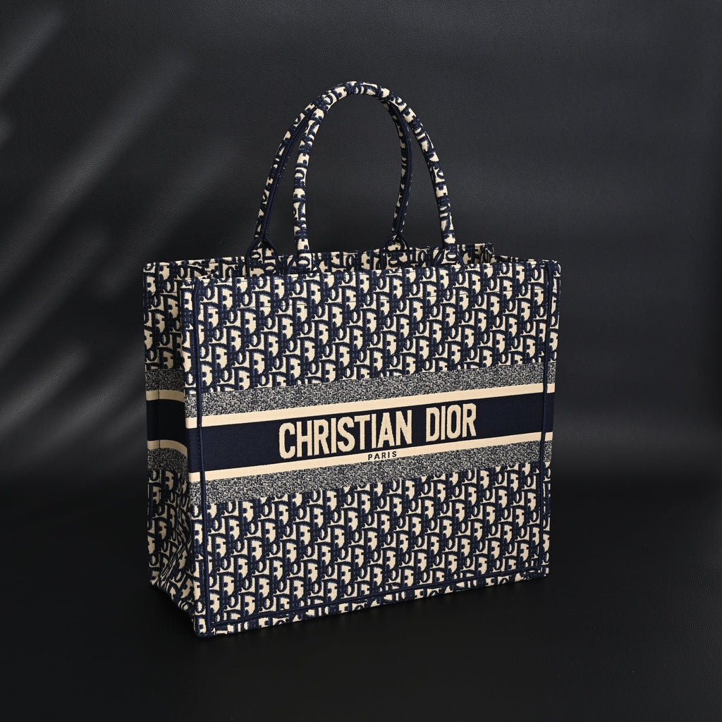 Christian Dior Large Book Tote – Blue Oblique Embroidery - Navy Blue