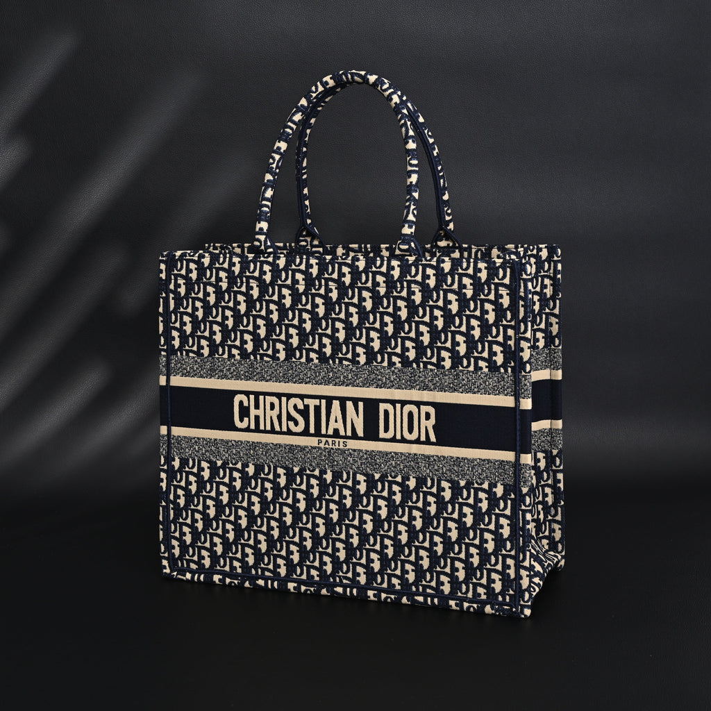 Christian Dior Large Book Tote – Blue Oblique Embroidery - Navy Blue
