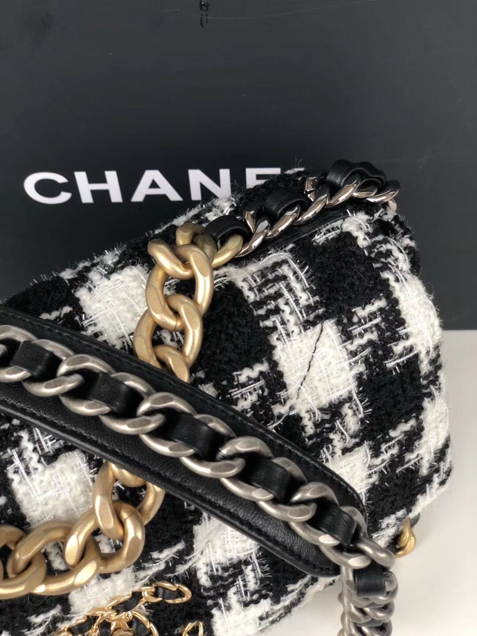 Chanel 19 Black and White Wool Tweed Small Flap Bag