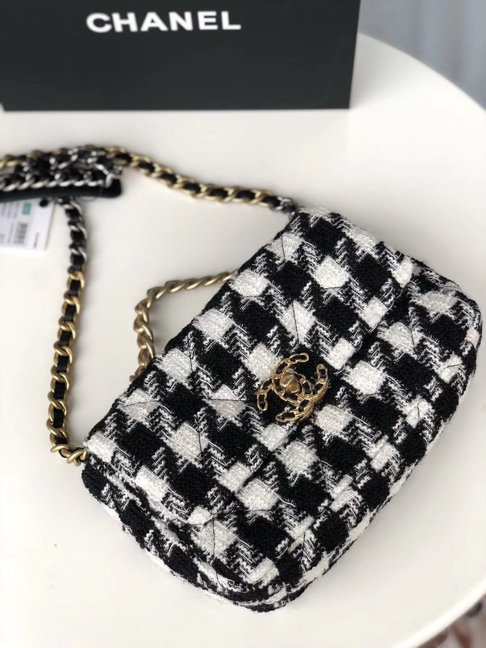 Chanel 19 Black and White Wool Tweed Small Flap Bag