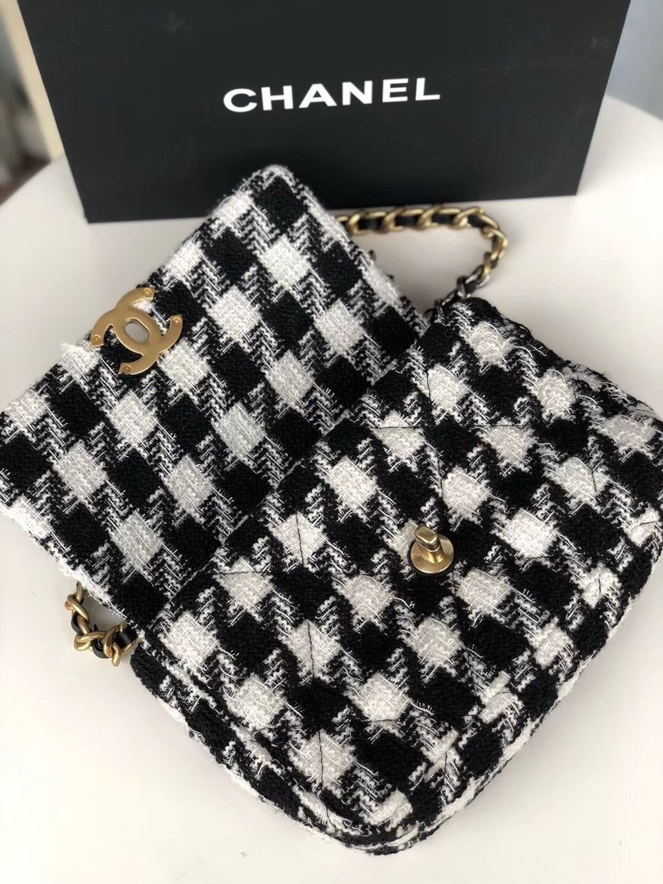 Chanel 19 Black and White Wool Tweed Small Flap Bag