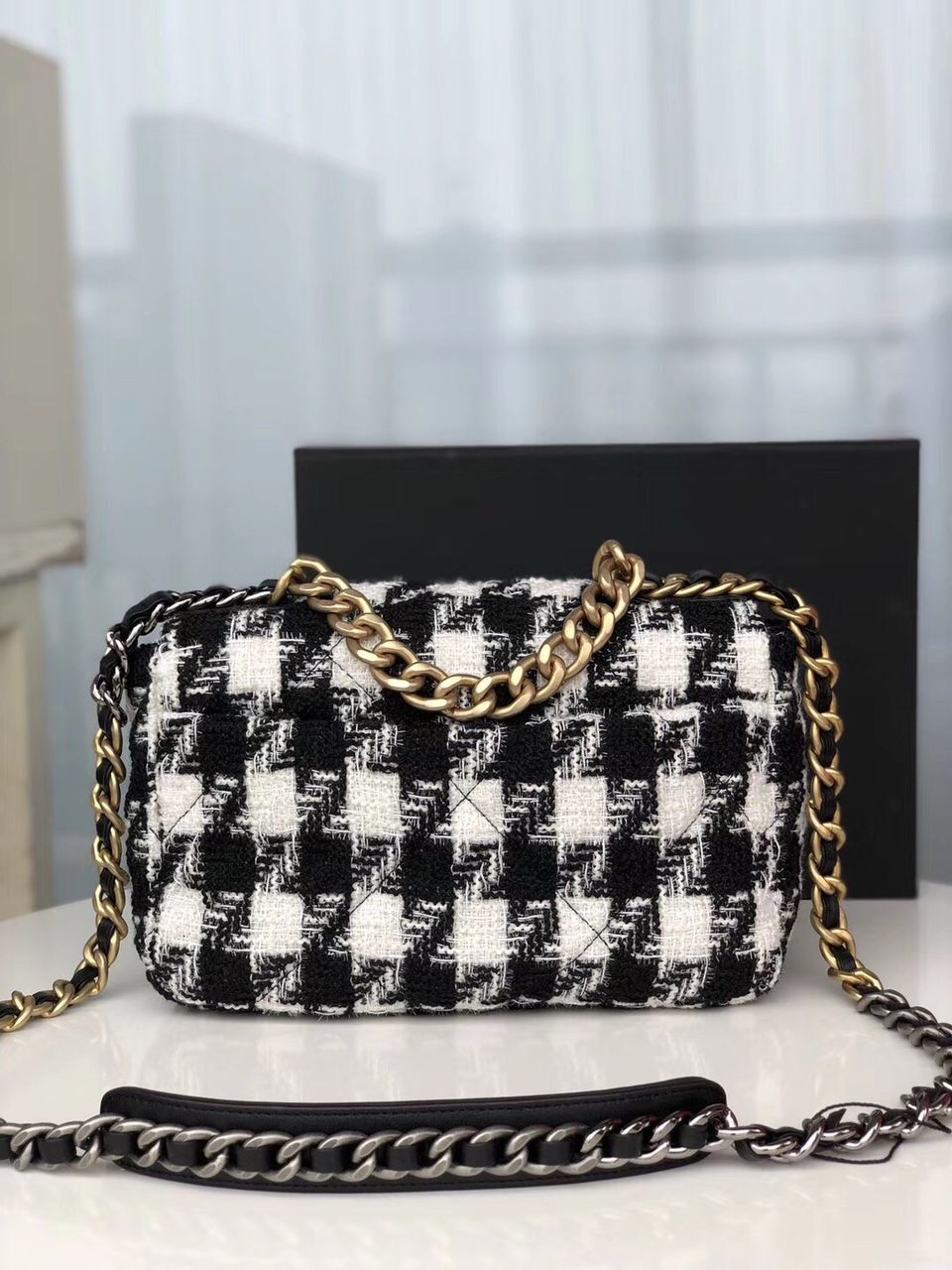 Chanel 19 Black and White Wool Tweed Small Flap Bag