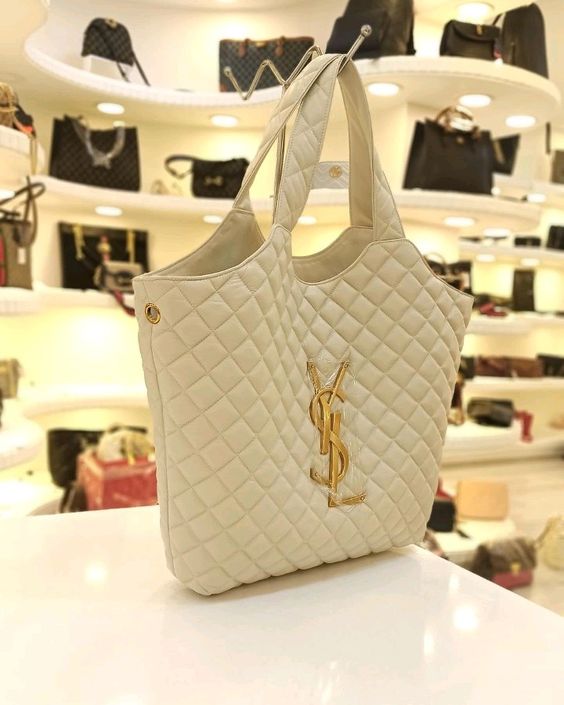 Saint Laurent Icare Extra Large Embellished Quilted Leather Tote Handbag - White