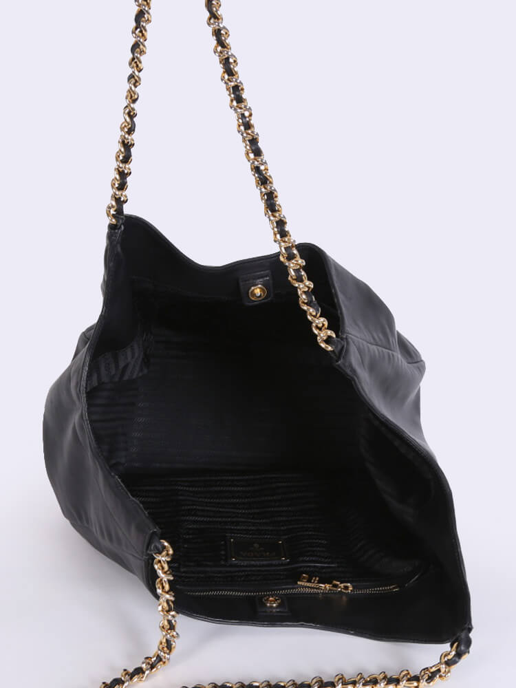 Prada Vitello Soft Chain Handle Shoulder Bag Nero - Black/Silver Hardware
