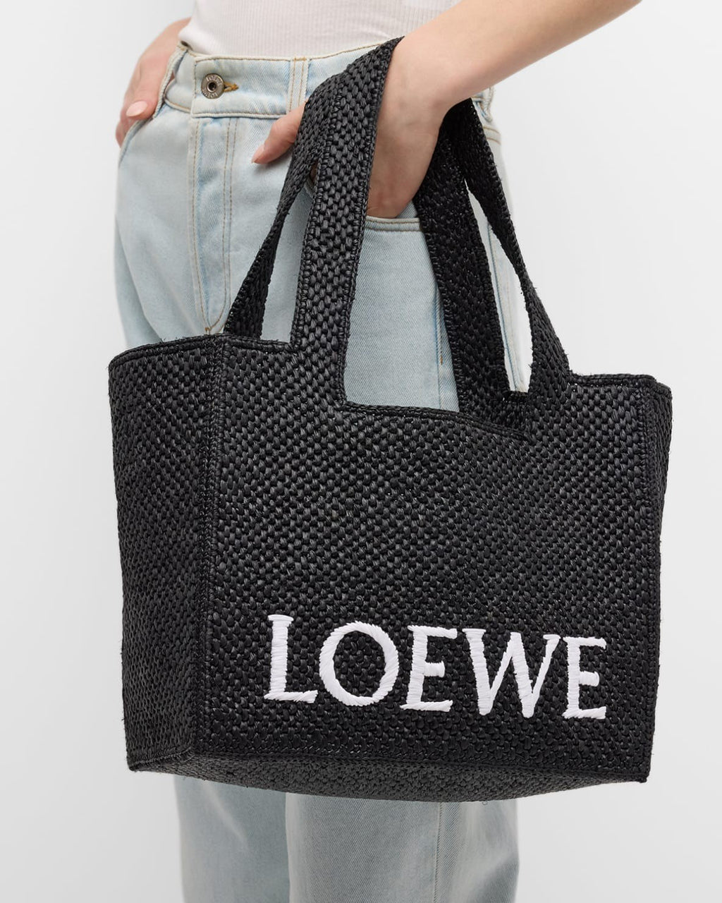 Loewe Logo Raffia Tote Bag - Black