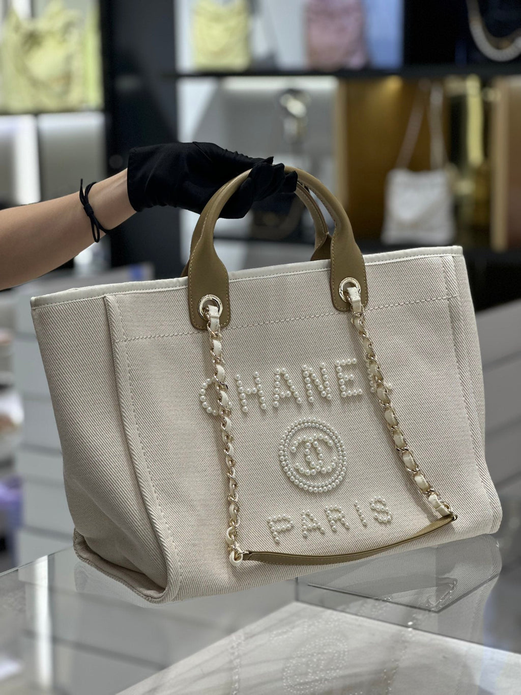 Chanel Natural Canvas and Tan Leather Large Pearl Deauville Tote