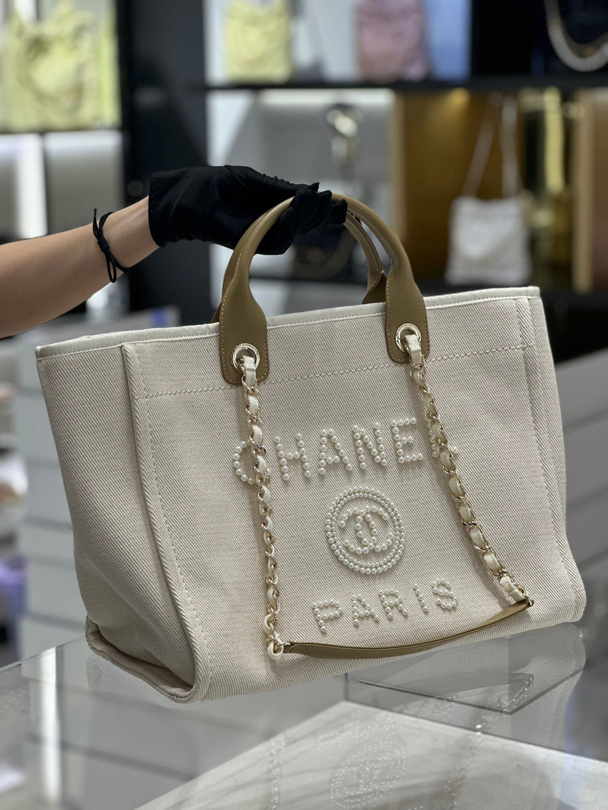 Chanel Natural Canvas and Tan Leather Large Pearl Deauville Tote