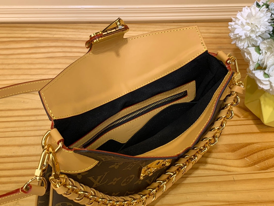 LV Twinny Monogram Canvas Shoulder Crossbody Bag with Chain Strap and Leather Trim - Brown