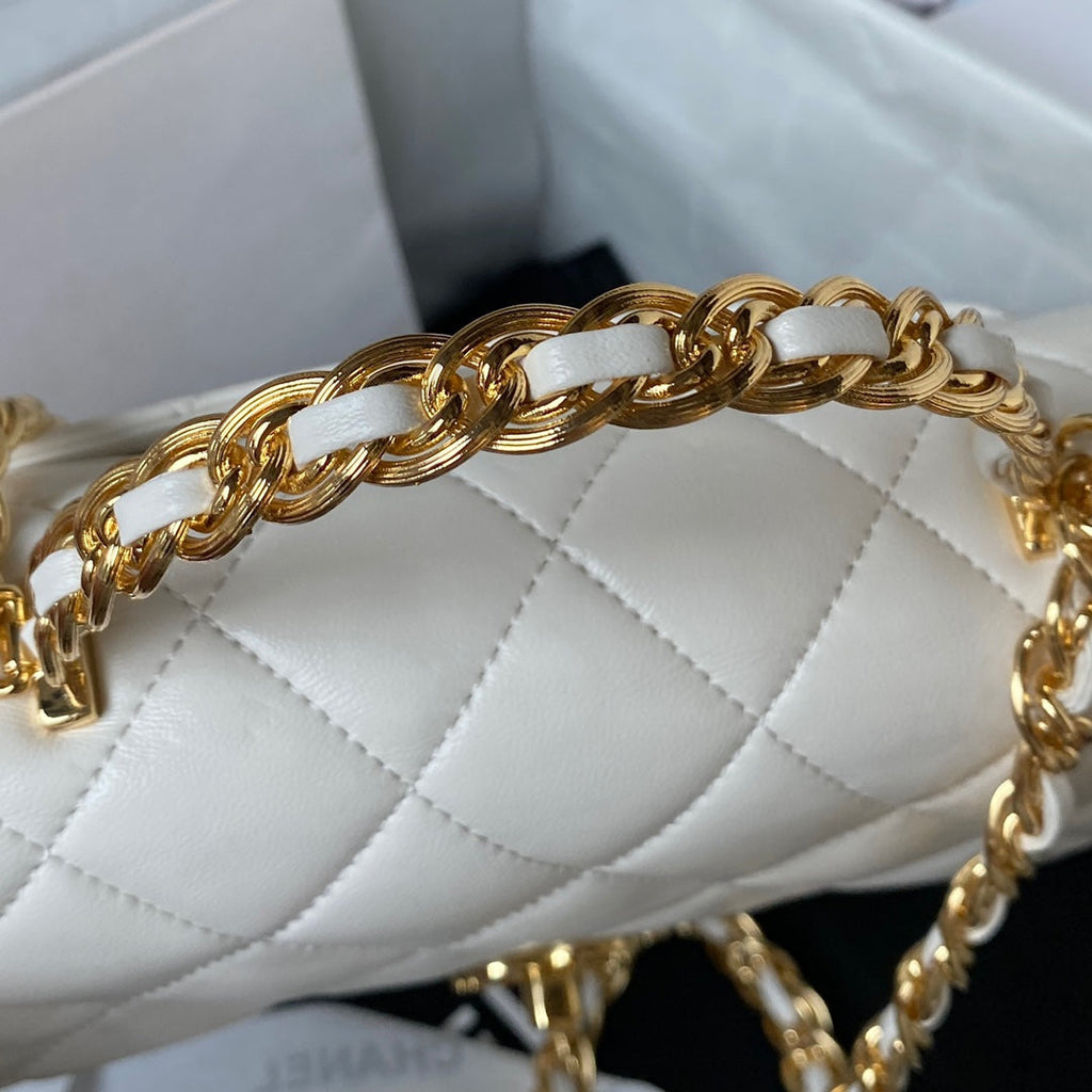 Chanel Flap Bag Gold Top Handle White