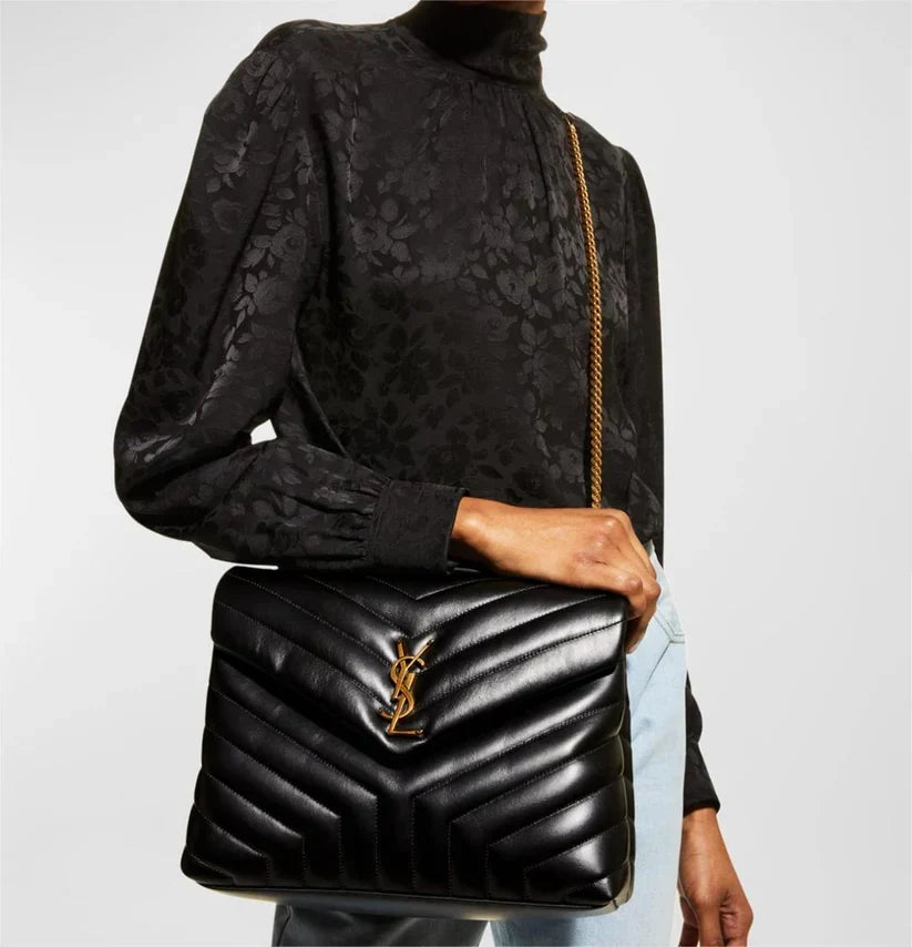 YSL Medium 32 Loulou Bag Black in Gold
