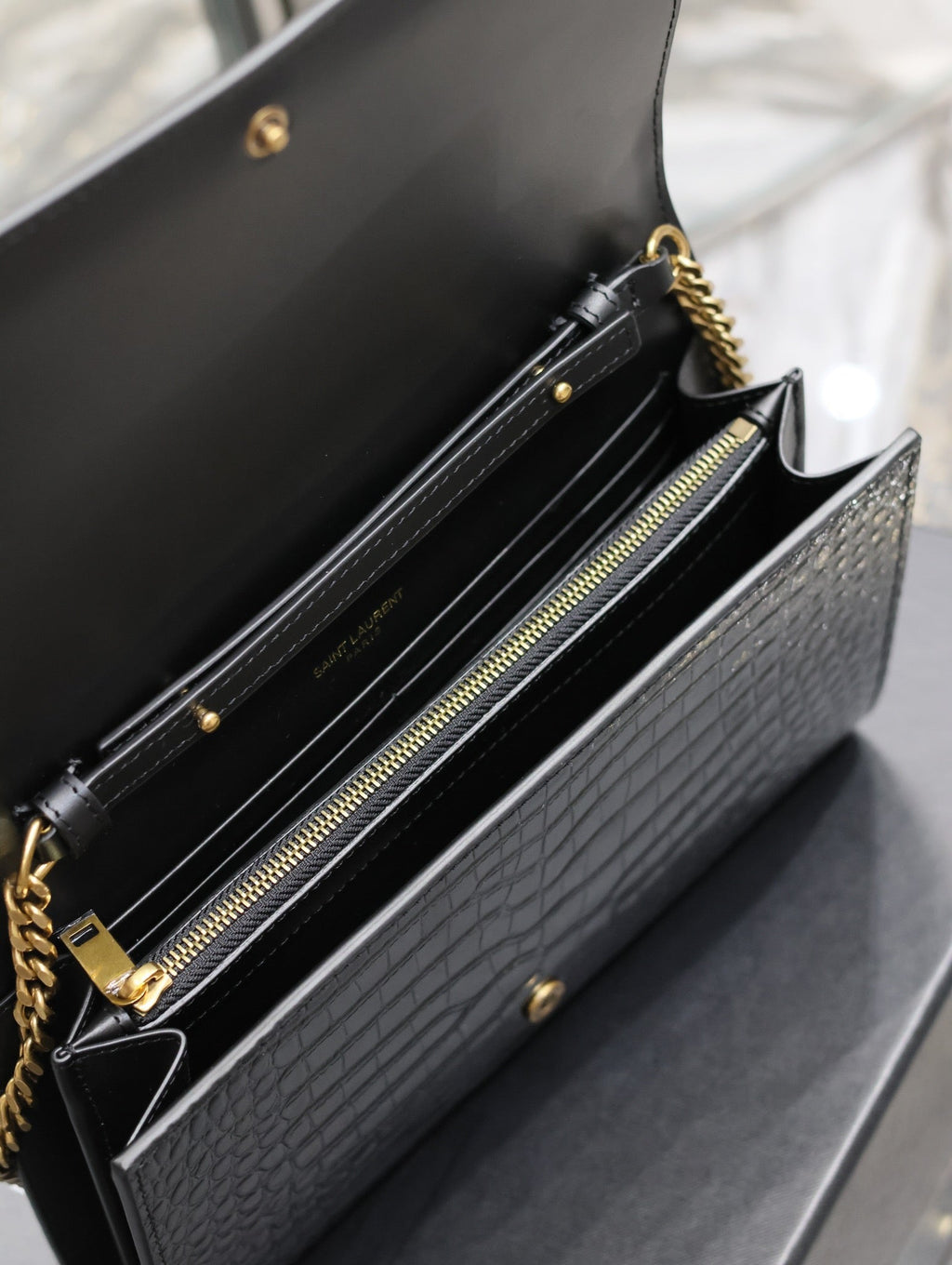 YSL Kate Croc Embossed Black Gold Hardware Shoulder Bag