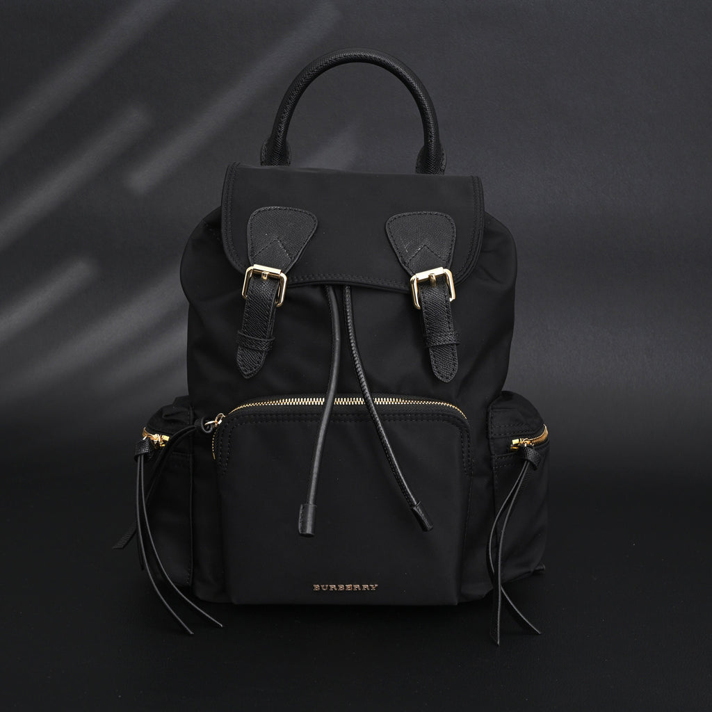 Burberry the Rucksack – Black Nylon & Leather Backpack with Gold-Tone Hardware - Black with Gold Accents