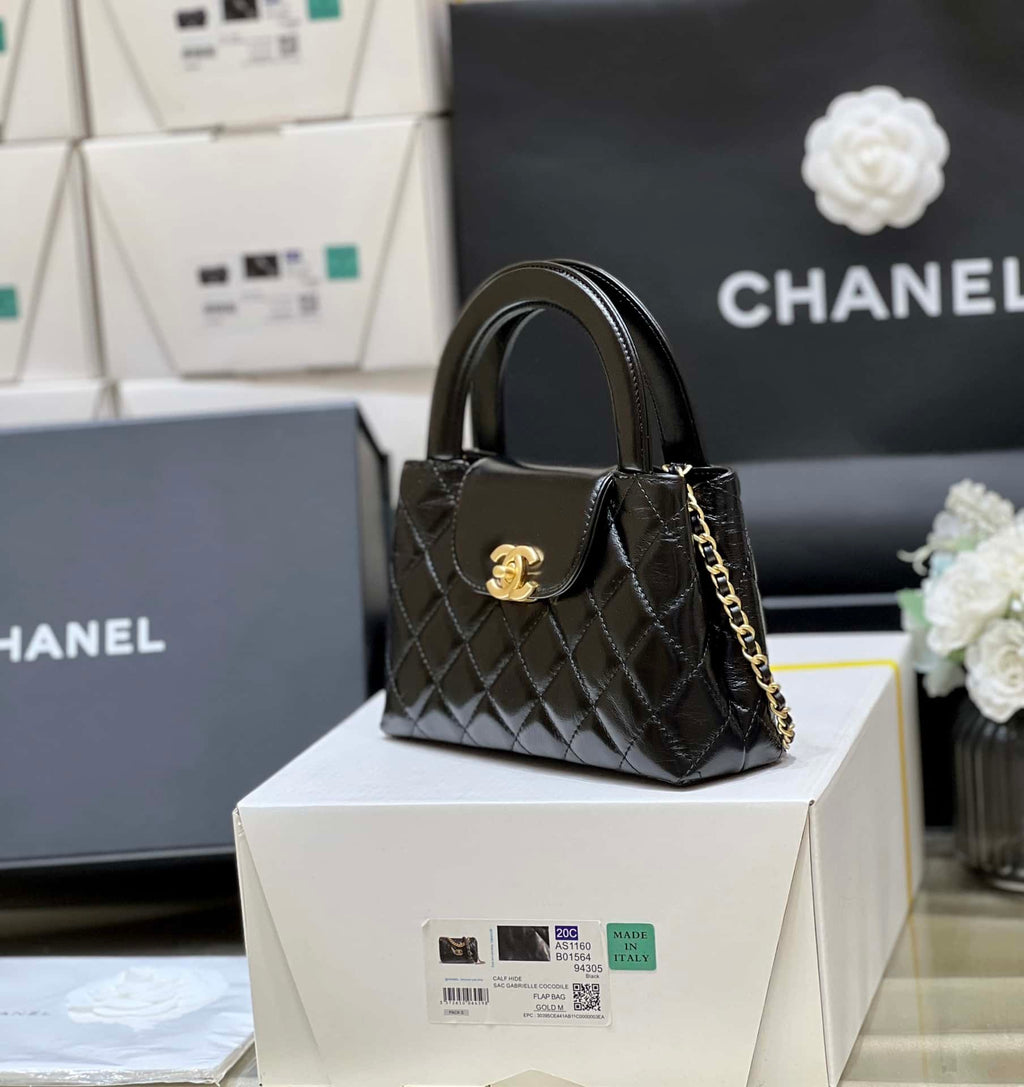 Chanel Kelly Mini Shopping Bag Mini 23K Shiny Aged Calfskin Black