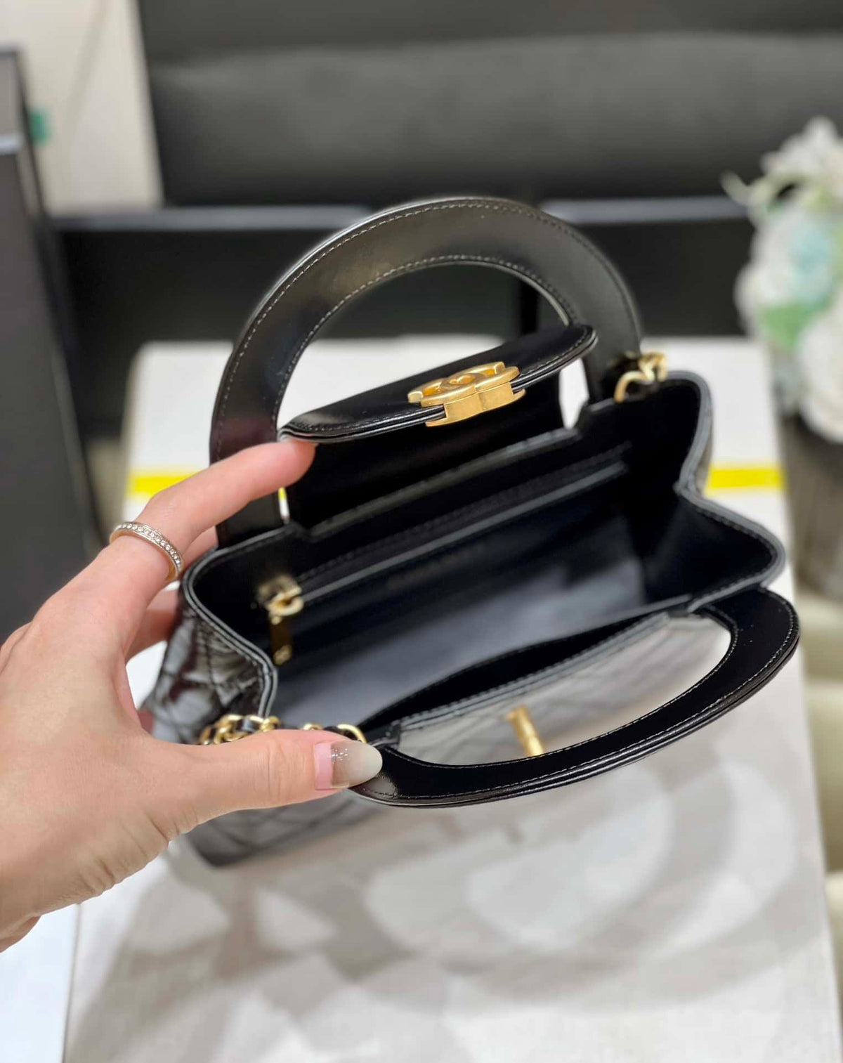 Chanel Kelly Mini Shopping Bag Mini 23K Shiny Aged Calfskin Black