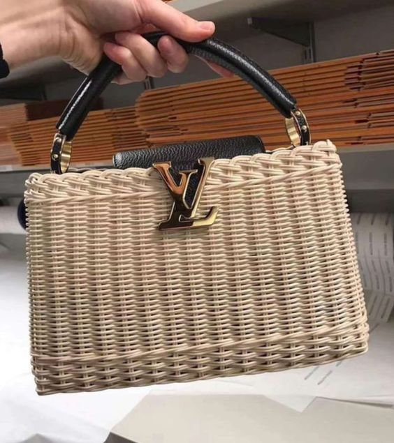 LV Capucines BB Rattan Woven Handle Shoulder Bag with Leather Trim