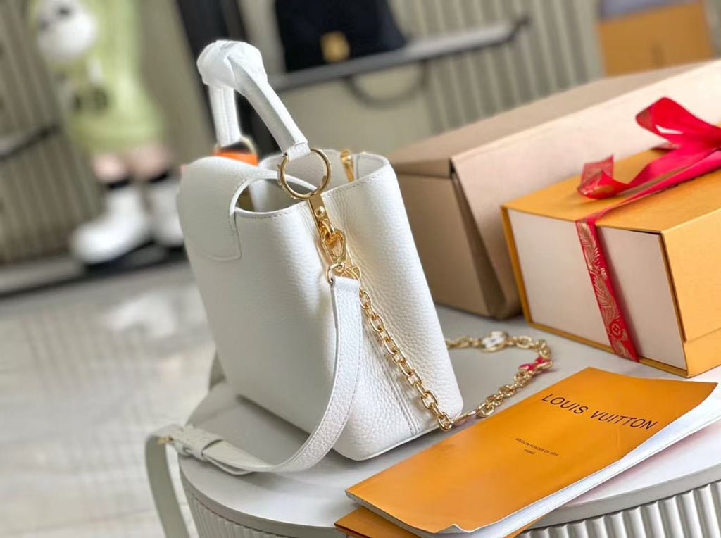 LV Capucines MM Taurillon Leather Handle Shoulder Bag with White Flower Strap
